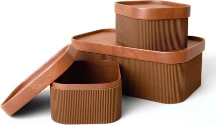 Fluted Cardboard Storage Baskets w/ Leather-Like Lids, Set of 3