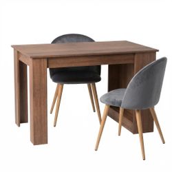 Homy Casa ELROY 3PC Dining Set Brown Table 43.3" with 2PC Grey Velvet Dining Chairs