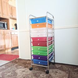 CHROME & MULTI COLOR "10" DRAWER ROLLING STORAGE CART/ STORAGE DRAWER UNIT  