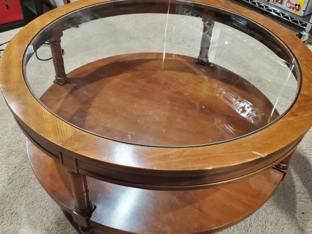 Wood Round Table with Glass In Center * 34" W by 16.25" H