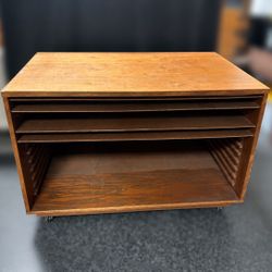 Rolling Antique Wooden Flat File Storage Cabinet