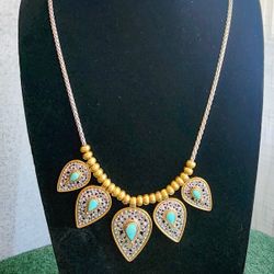 Lucky Brand Mixed Metal Necklace – Turquoise Gem Drop Design, Boho Statement