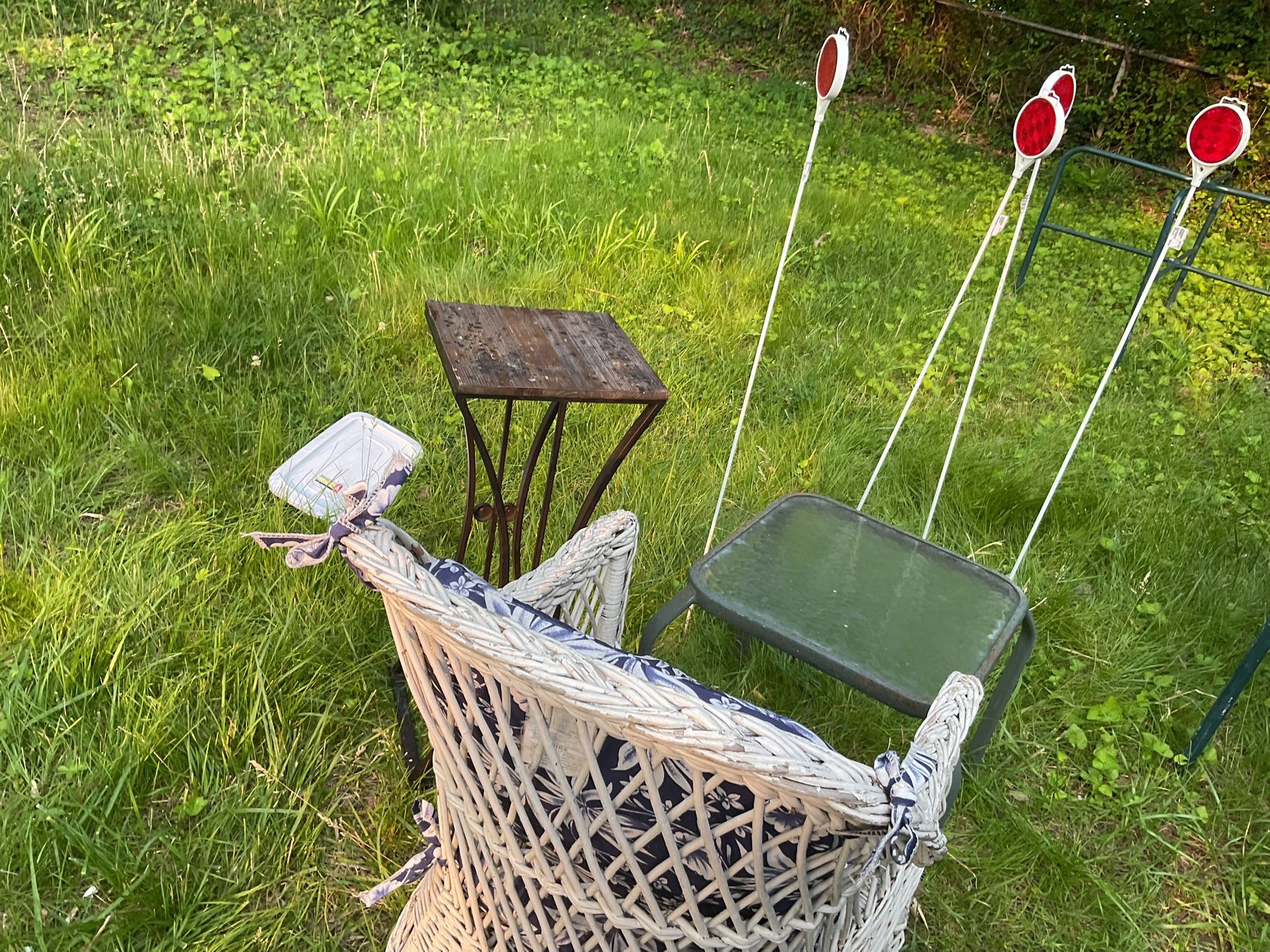 A Set Of Items For Gardens, Two Little Tables, One Wicker Chair With Cushions , And More (NO SHIPPING)