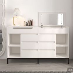 8 Drawer 59" Modern White Double Dresser Wide Cabinet With Flip-Top Mirror & Shelves  $200