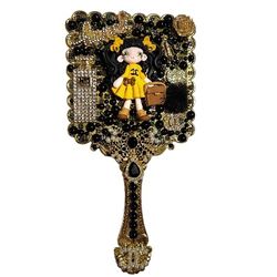 Handheld Beauty Makeup Mirror Clay Doll Bling Embellished Custom Decorated Black