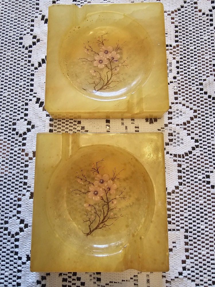 $75.00 - (2) MidCentury Genuine Alabaster Handcrafted Ashtrays! Handpainted Cherry Blossom Trees Accents On Them! Like New Condition!