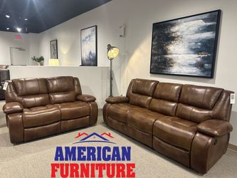 2PC Brown Leather Sofa & Loveseat