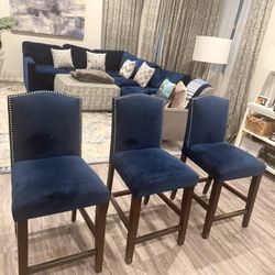 3 Suede Blue Bar Chairs – Great Condition