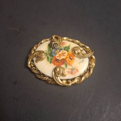 Vintage Signed BC Bernard Chauldron Flower Brooch Pin, Hand-painted Design On Porcelain Center Framed By An Ornate Goldtone Setting