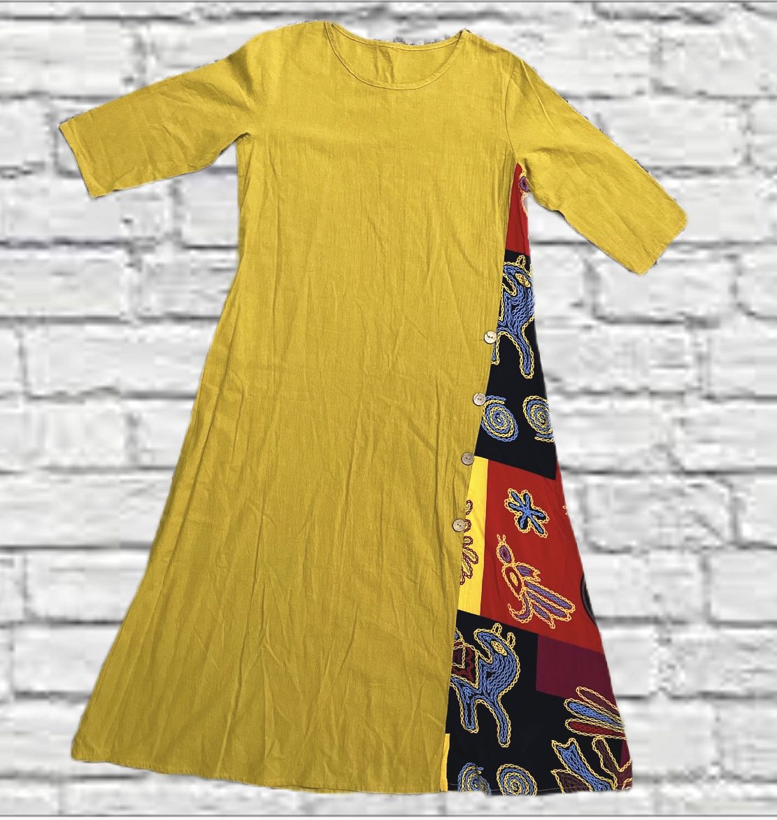 Zanzea Linen Style Maxi Dress Embroidered Mustard Yellow Size Medium Women’s