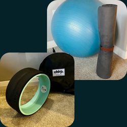 Exercise and Yoga Set: Hot Yoga Mat + Exercise Ball + CHIRP Wheel