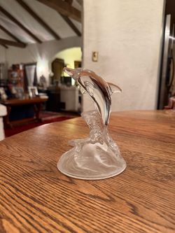 DOLPHIN STATUE WITH OCEAN WAVES CRYSTAL WITH FROSTED GLASS WAVES 6.50” HIGH
