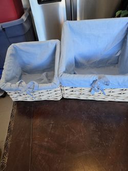 FOUR White storage baskets with Blue fabric liner