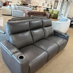 Leather Sofa With Two Power Recliners-Greymel