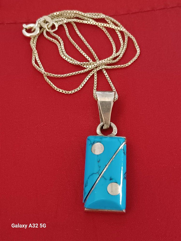 Vtg.Mexico Sterling Silver Turquoise Pendant Necklace- 17 In.