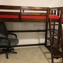Wood Loft Bed With Mattress And Attached Book Shelf And ladder