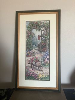 Vintage Decorative Framed art print "The Potting Bench" by Barbara Mock. 18”x32”
