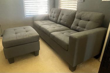 I large 2 small glass tables. Grey couch with atum $195. Foot stoll$ 90. $185