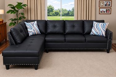 Black Faux Leather Sectional Sofa with Chaise