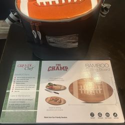 The Champ Bamboo Cutting Board With Football Cooler Bag 
