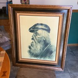 vintage portrait painting of an elderly man with a long flowing beard and a flat cap, rendered in a monochrome blue or sepia tone, reminiscent of work