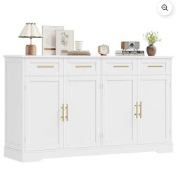 Homfa Modern Buffet Cabinet with 4 Drawers and 4 Doors, 59" W Sideboard Buffet Storage Cabinet with Shelves, for Kitchen Living Room Bedroom, White
