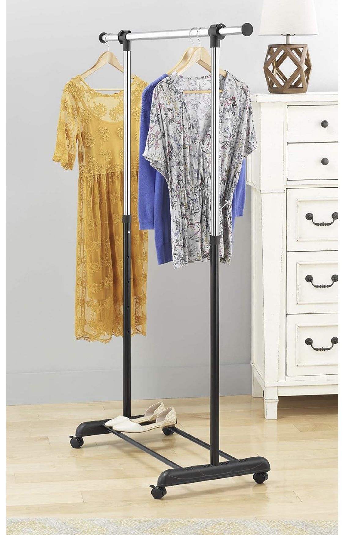 Adjustable Rolling Clothes Organizer Chrome Garment Rack, Black and Silver
