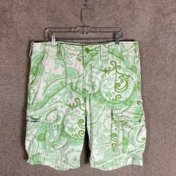 Jet Lag Cargo Shorts Mens Size 36 Green/White Paisley 12.5" Inseam Cotton Canvas