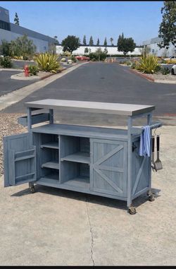 New 50" Outdoor Patio Grill Cart Kitchen Island w/Stainless Steel Top Storage Cabinet Farmhouse Solid Wood Grill Table