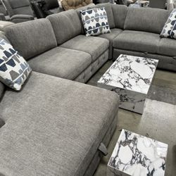 143” Grey Fabric Sectional Sofa Couches With Sleeper Sofa Bed And Storage:$880