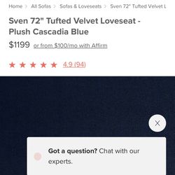 Lovely Blue Couch By Article - Velvet 