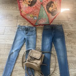 Girls Jeans, Backpack And Umbrella 