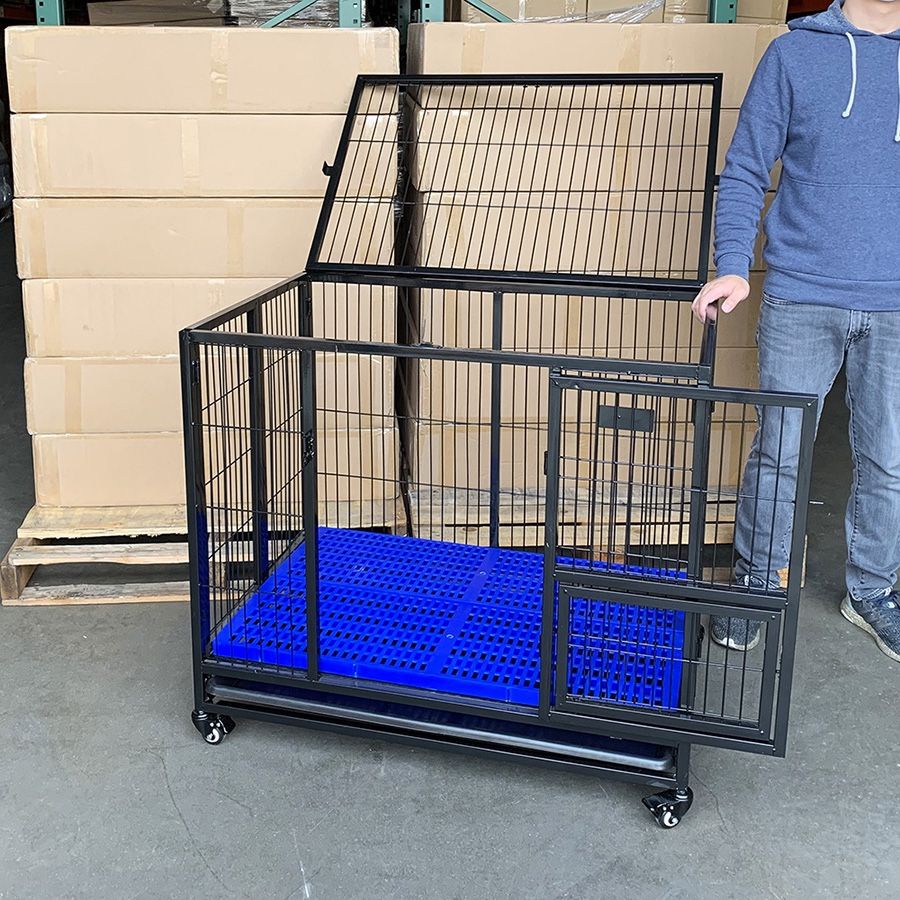 (NEW) $135 Folding Dog Cage 37x25x33” Heavy Duty Single-Door Kennel w/ Plastic Tray