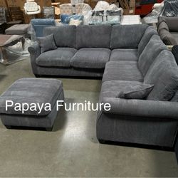 NEW Plush Dark Grey Sectional Sofa and Ottoman Set Ashley Style Couch BIG SALE Green Ivory Beige Light Gray Black Discount Furniture Clearance SALE