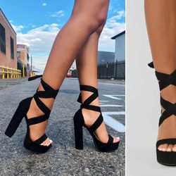 Black Tie Around Chunky Heels