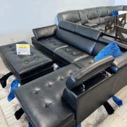 *Summer Closeout Sale!!!*---Low Profile Ibiza Black Leather Sectional Sofa W/Ottoman---Delivery And Financing Available🤭