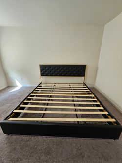 Gold Metal King Bed Frame with Tufted Headboard and Storage Drawers