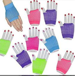 Short Fishnet gloves, fingerless, Neon, 80s costume, cosplay, ladies kids, new, Halloween 🎃 retro