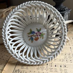 VINTAGE HEREND | hand painted floral bouquet white woven floral porcelain Hungary Christmas bride mom gift, forever basket Fall host gift