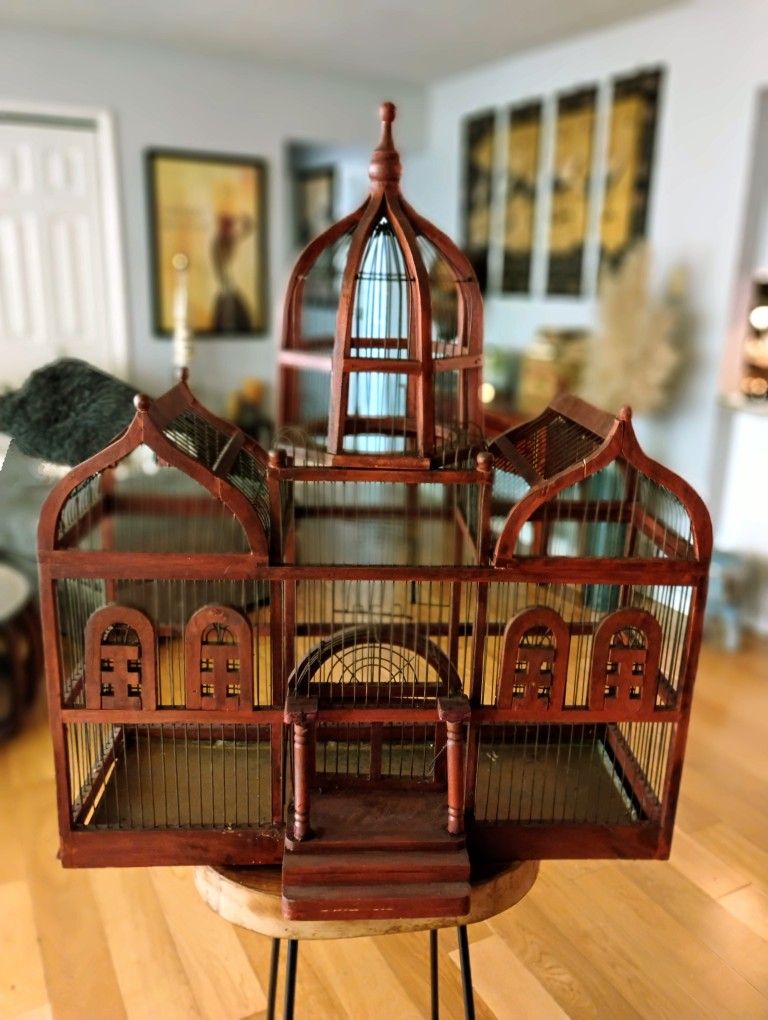 Vintage Pagoda Bird Cage French Victorian Wood + Wire Dome Antique Architectural Large