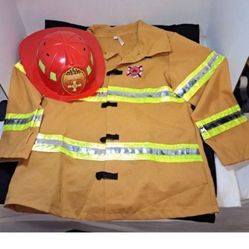 Firefighter Fireman Jacket and Hat Dress Up Costume Halloween Kids Size 4-6