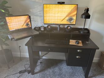 Executive Computer Desk w/ Hutch, Filing Cabinet, Charging Station & Laptop Arm