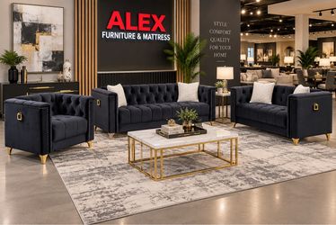 Black Velvet Tufted Living Room Set With Gold Accents