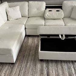 NEW White Reversible Sectional W/ DROP DOWN TABLE WITH CUPHOLDERS & Ottoman -FINANCE AVAILABLE