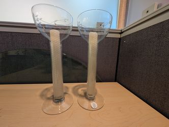 Princess House Clear Glass Etched Decorative Candle Holders Pair