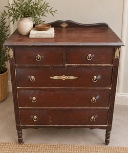 Antique  5-Drawer Tall Dresser • Geometric Inlay & Ring Pulls