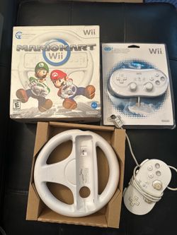 Nintendo Wii Mario Kart Game Bundle with Classic Controller Wheel Nunchuk / remote is sold separately