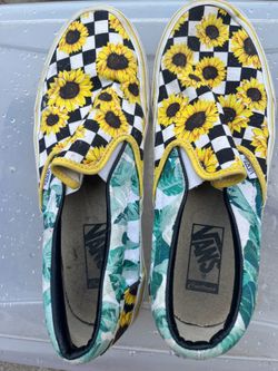 Vans Custom Sunflower Checkerboard Slip-On Shoes