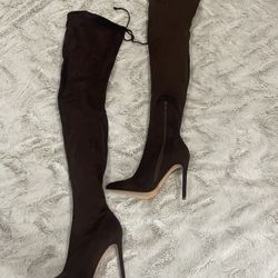 Dark Brown Thigh High Boot Heel