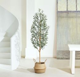 New 6FT Faux Olive Tree with Real Wood Trunk & Woven Basket - $55 OBO